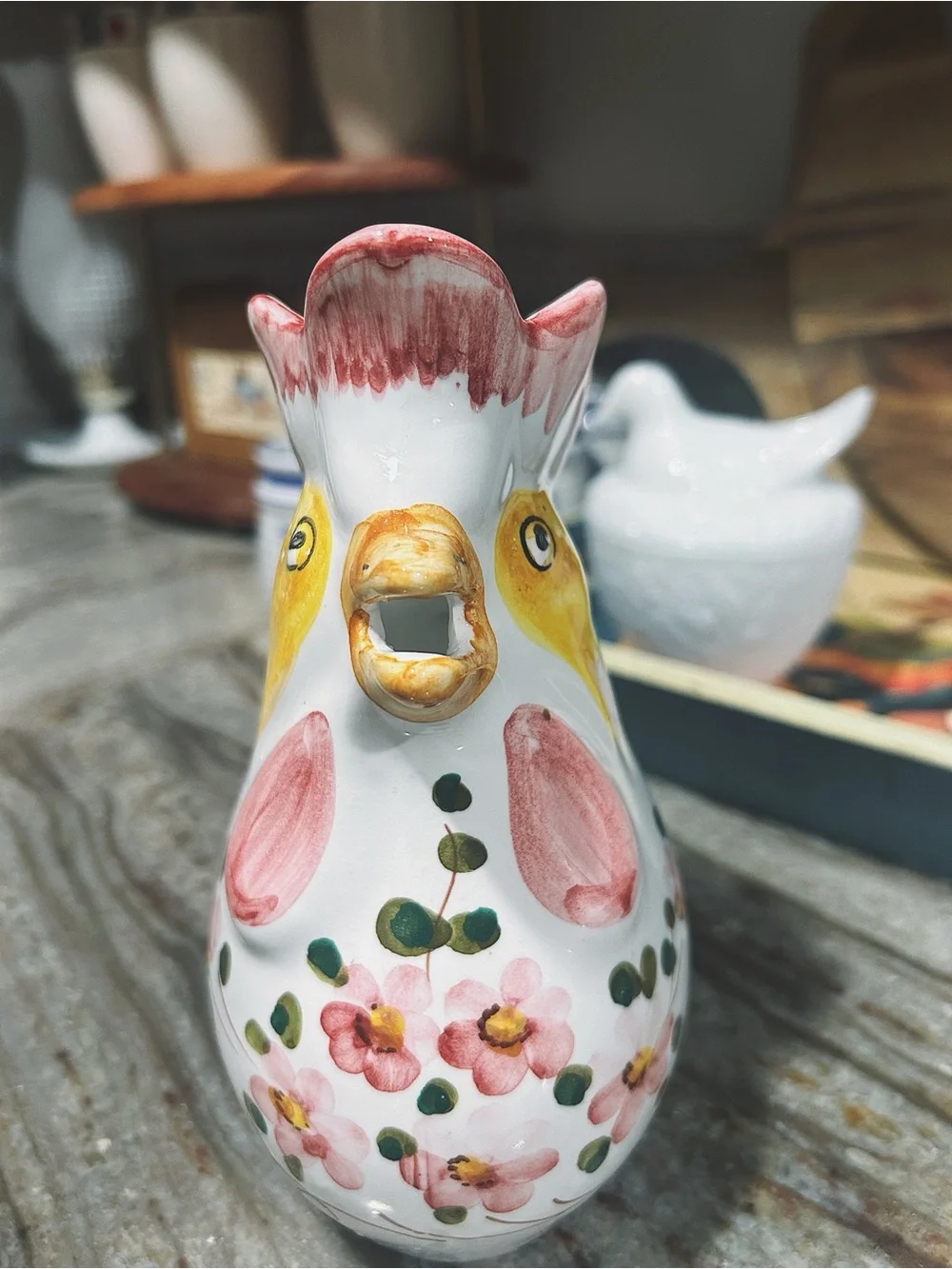 Hand painted Italian majolica pottery, rooster shaped ceramic pitcher